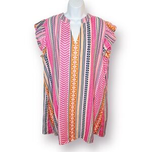 THML Pink Tunic Dress Split Collar Flutter Sleeve Colorful Patchwork Stripes L